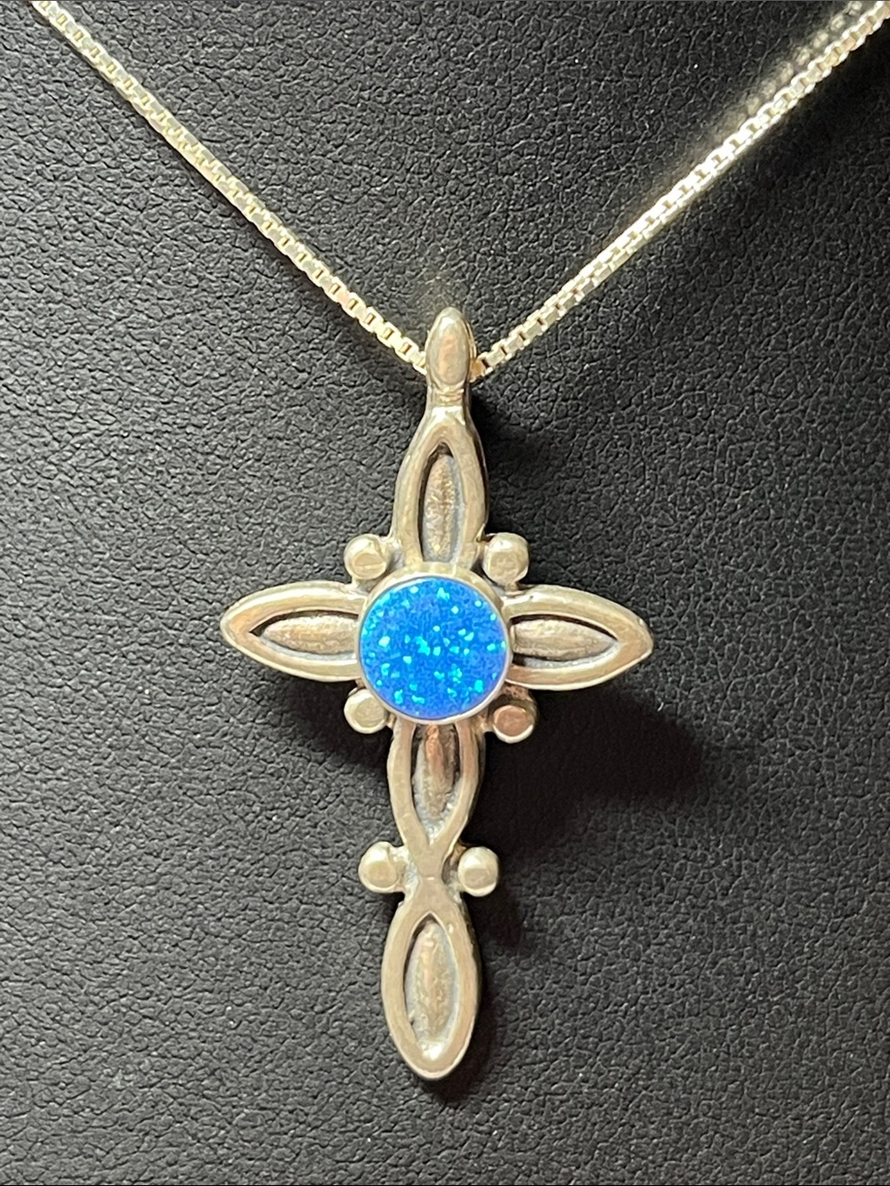 925 Sterling Silver Cross Necklace with Blue Opal Center Stone
New